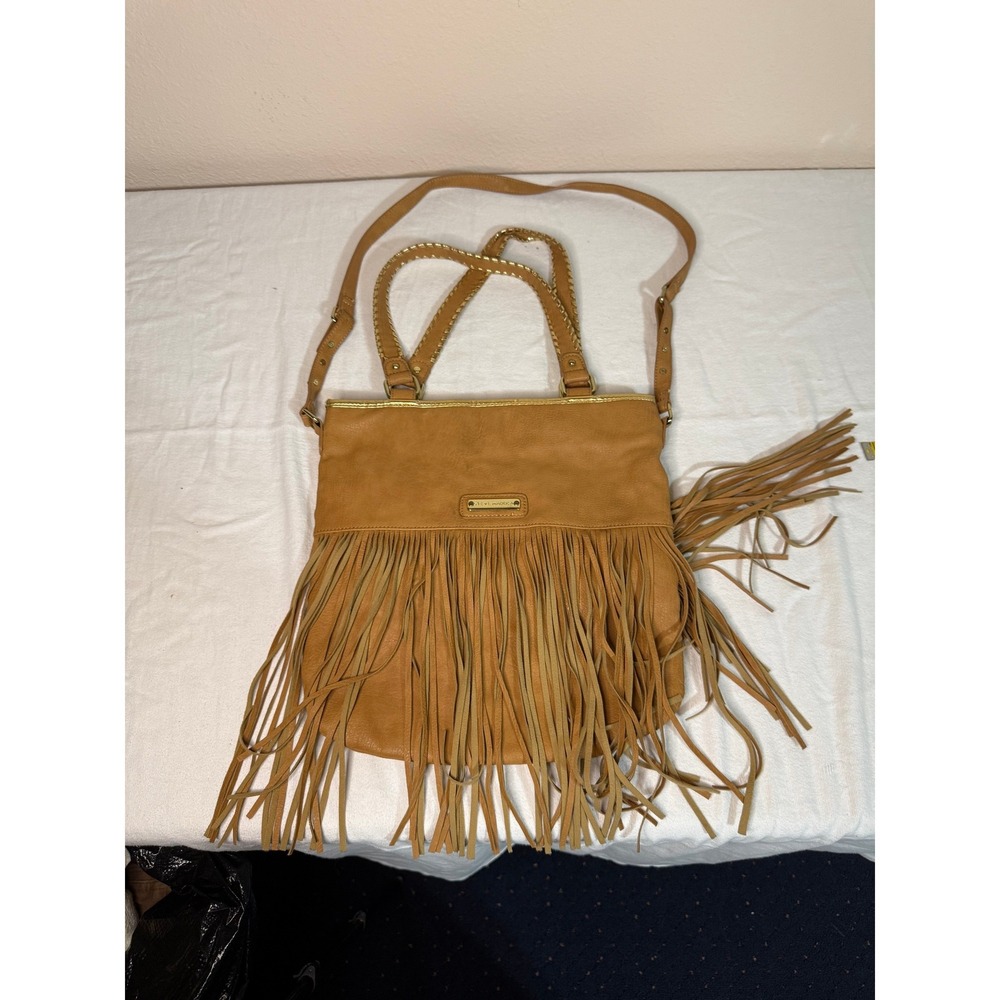 Steve Madden Womens Tan Fringe Crossbody Tote Bag Gold Hardware Boho Brownβ